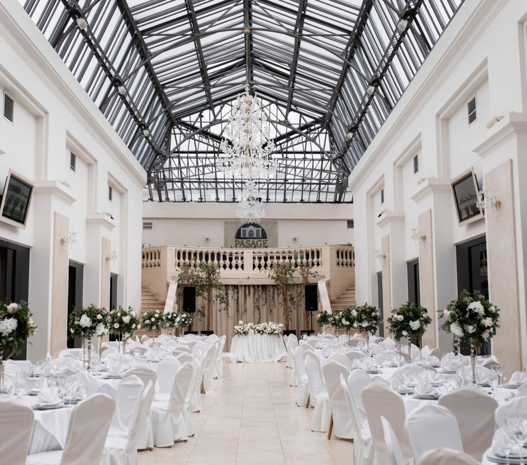 Decorated in white color hall for wedding is ready for celebration